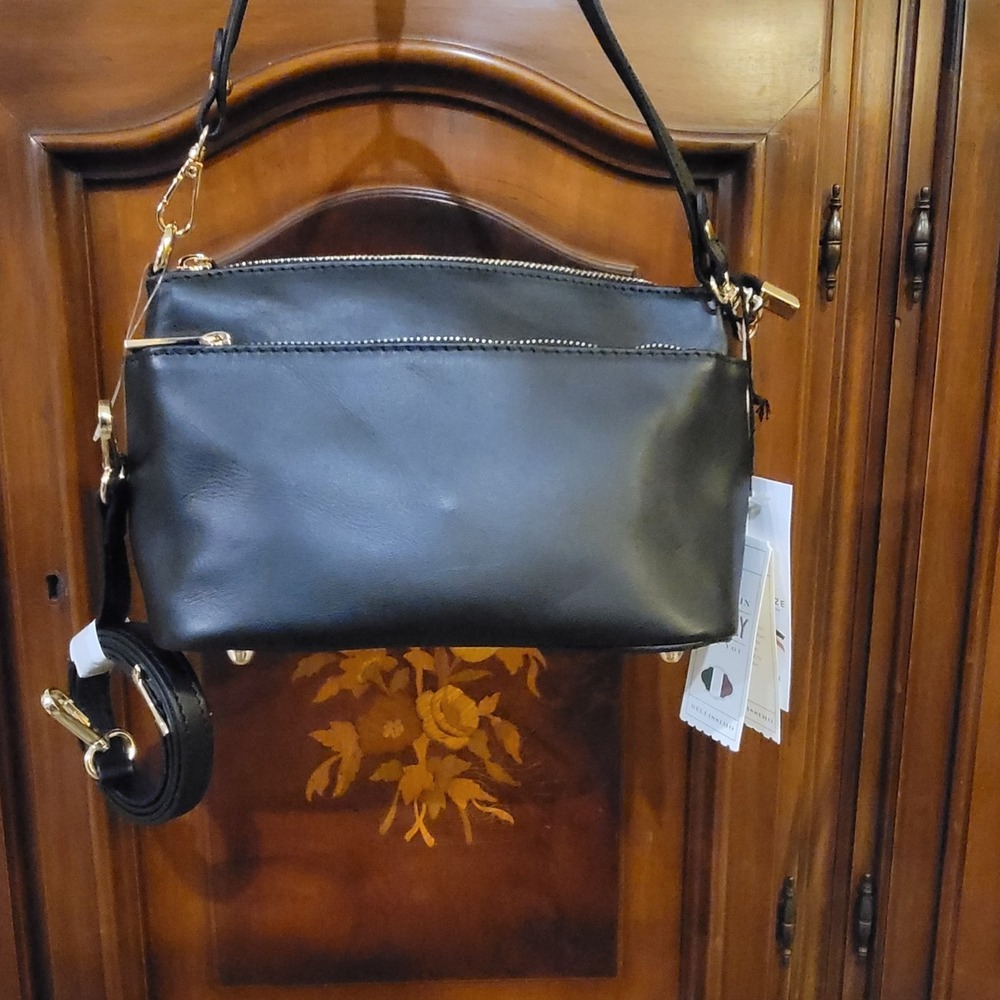 Divina Firenza Lilla Black leather 3 zip bag 2 outer pockets zippered - Picture 4 of 12